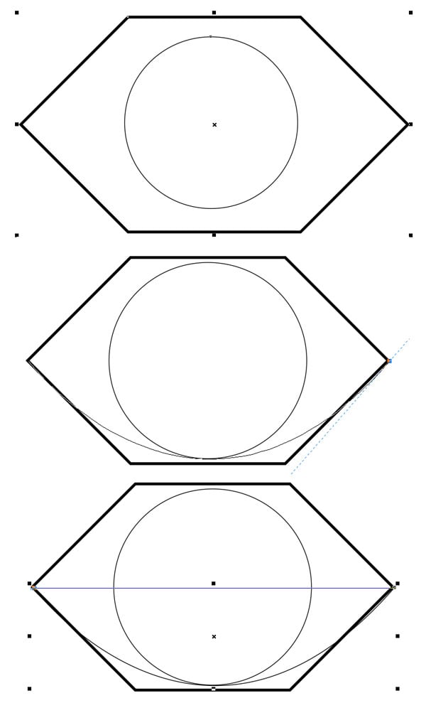 Draw a circle and a curve inside the hexagon