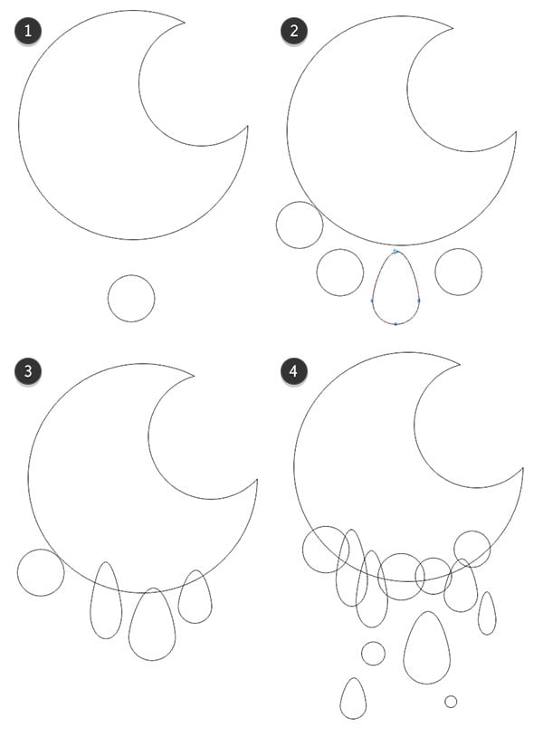 Use circles to form raindrop shapes below the moon