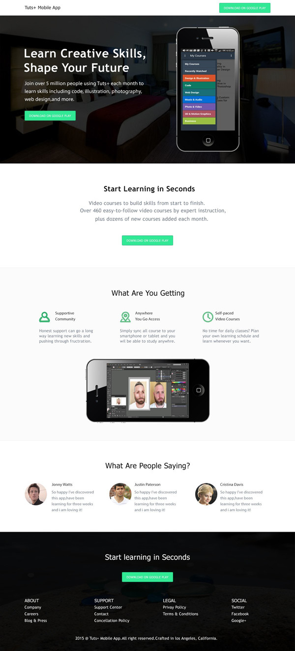 Muhammad Awais shared his well crafted version of an app landing page designed in Adobe Photoshop thanks to a tutorial by Tomas Laurinavicius