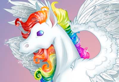 Crea un colorido pegaso inspirado en Lisa Frank en Adobe Illustrator