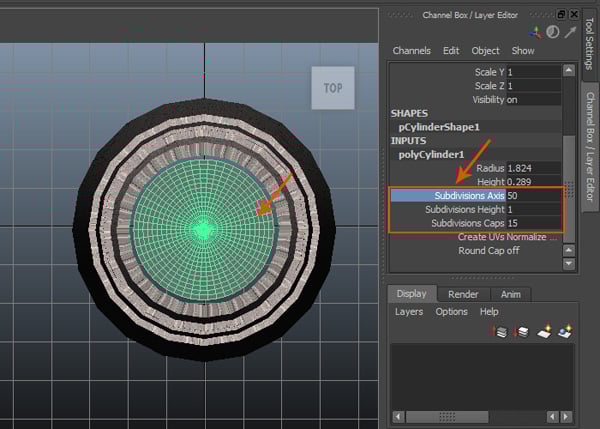 Subdivisions Axis to 50 and Subdivisions Caps to 15