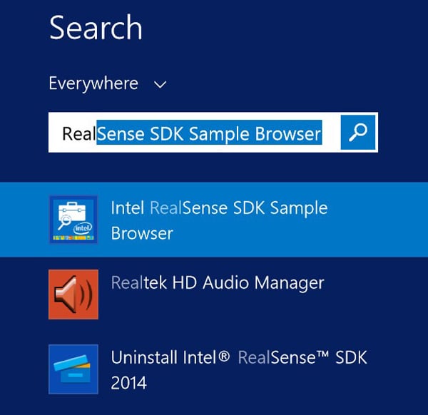 Finding the RealSense SDK Sample Brower in Windows 8
