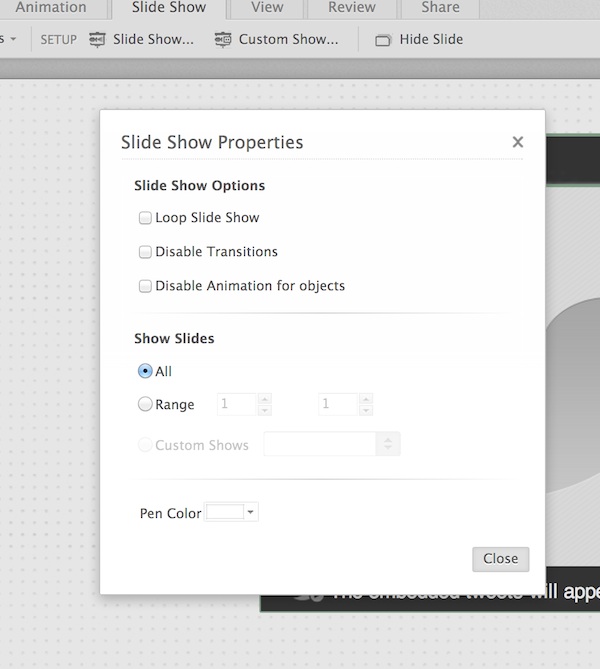Using the Slide Show Properties window