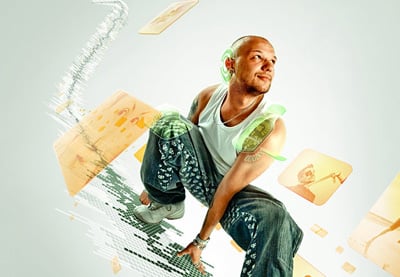 Erstellen Sie eine flippige Perspektive eines Modells Riding Digital Volume