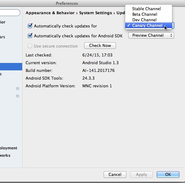 Open the drop-down menu and select Canary Channel