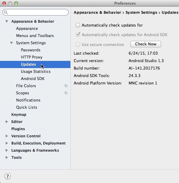 In the Preferences window open the Appearance Behaviour menu then expand System settings and click Updates