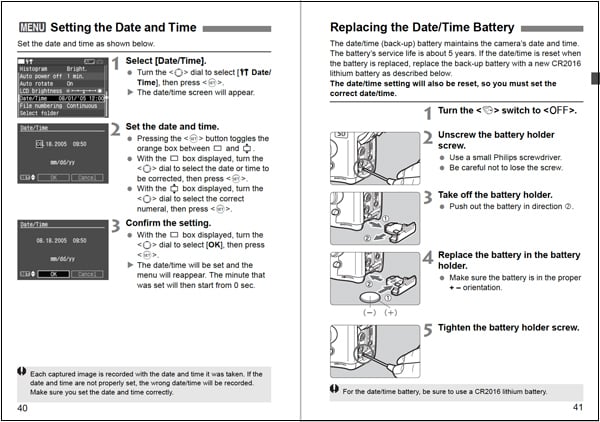 Pages from a camera manual showing how to change the date and time