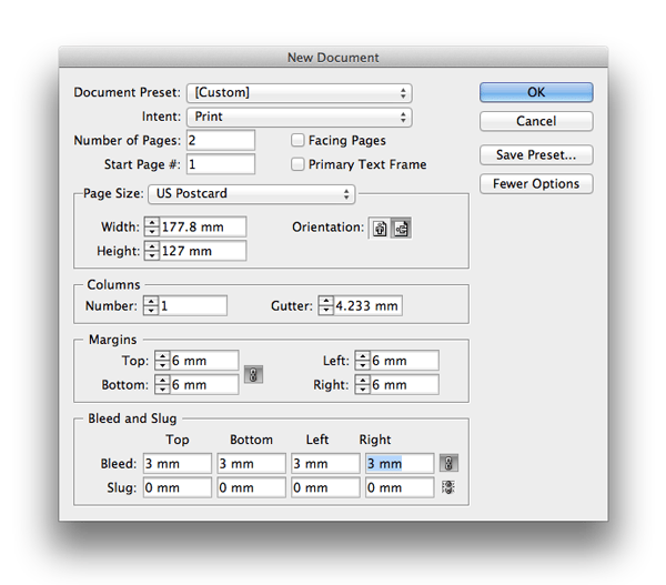 set the margins and bleed in the new document window