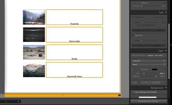 Lightroom book module adding text