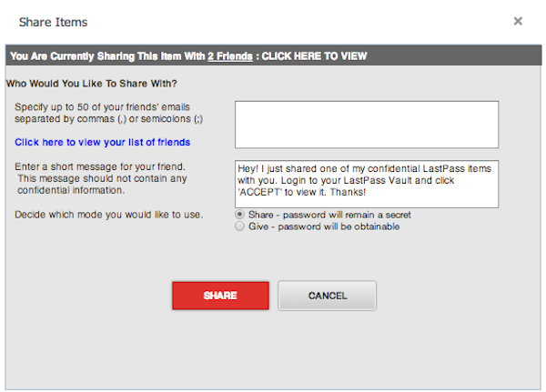 Sharing credentials in LastPass