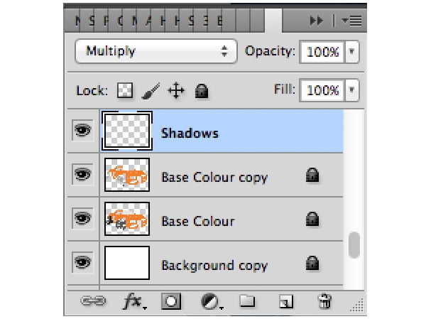 Take note of your layer hierarchy and make sure it stays in order and our shadow layer is set to multiply 
