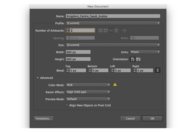 adobe illustrator new documnet set up dimensions 600 px pixels rgb highppi