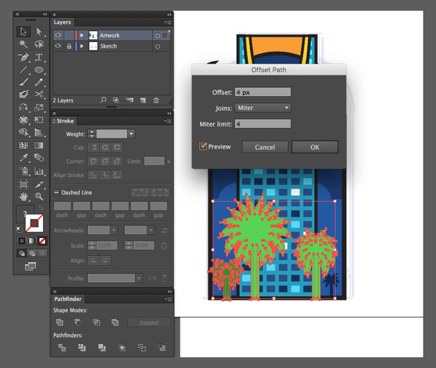 adobe illustrator object path offset palm trees icon kingdom centre preview joins miter limit 