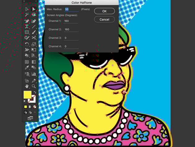 Setting color halftone effect options radius and channels