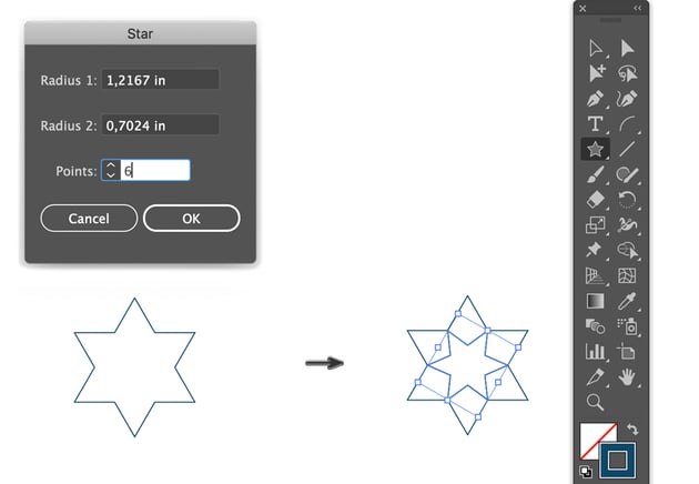 how to draw a star dialog box set radius 1 2 and points draw and rotate