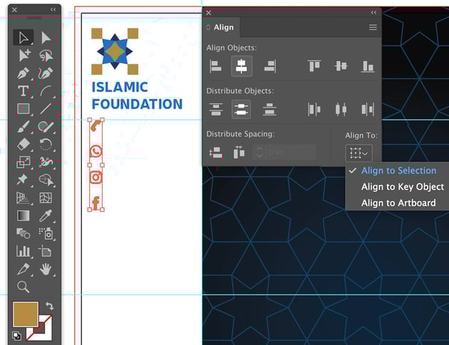 add social icons scale with free transform tool and shift key to constrain and align distribution objects to selection