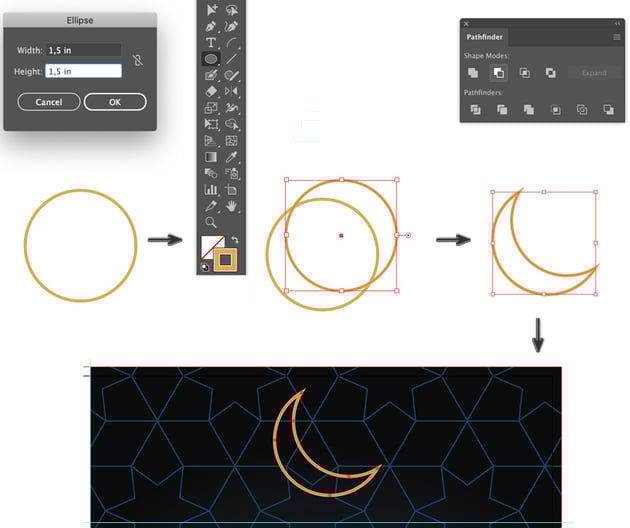 how to create a moon crecent two overlapping circles stroke pathfinder panel shape modes minus front
