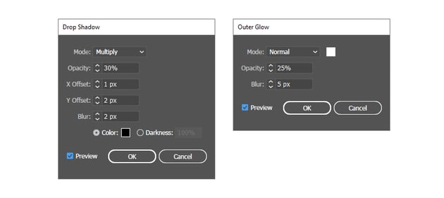 settings for Drop Shadow and Outer Glow effects