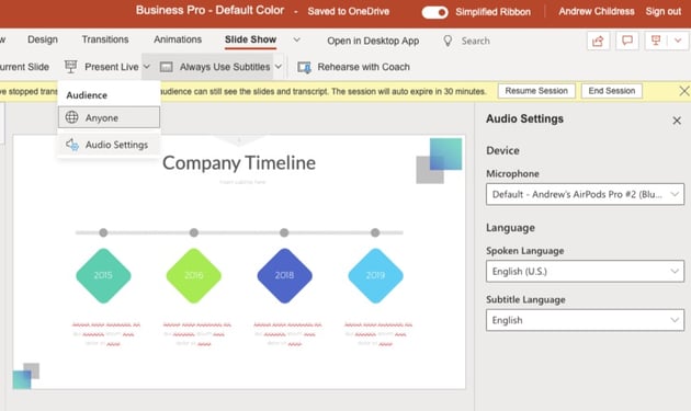 Audio settings in presentation