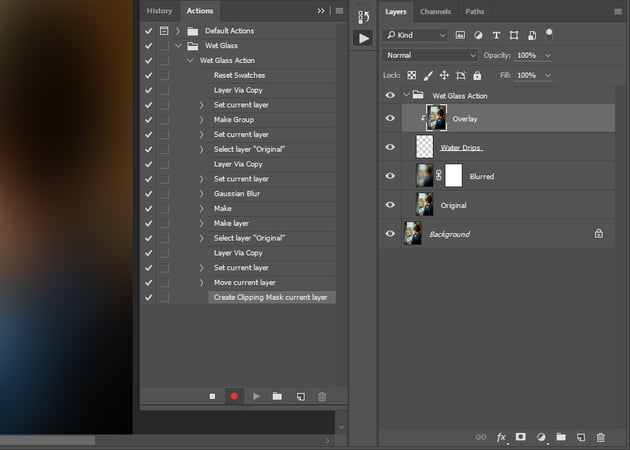 Actions and Layers panel before adding Water Drips