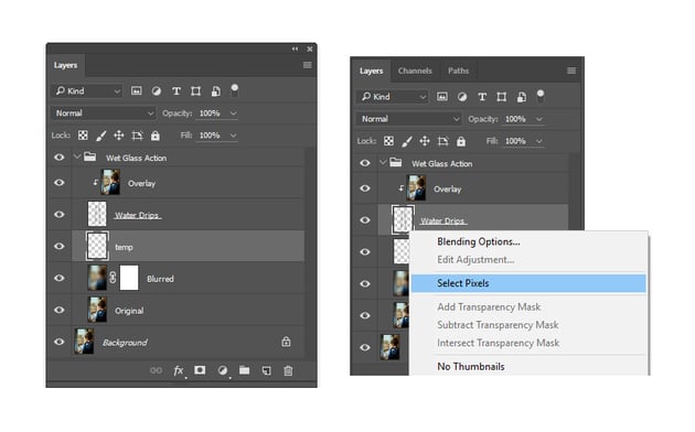 Making temp layer and selecting pixels of layer Water Drips