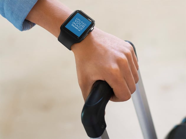 Wearing Black Apple Watch While Traveling Mockup Template