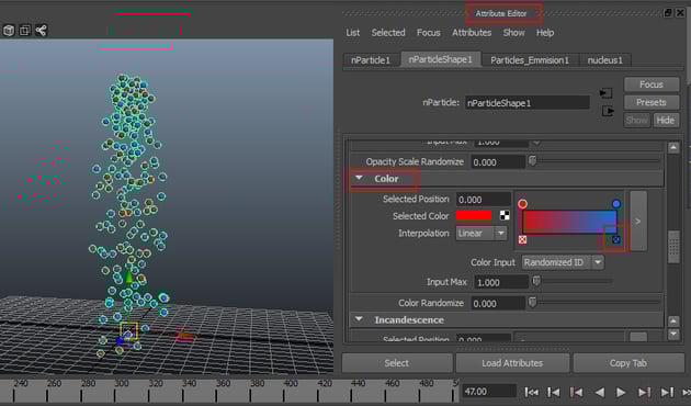 Attribute Editor  nParticleShape1  Shading  Color
