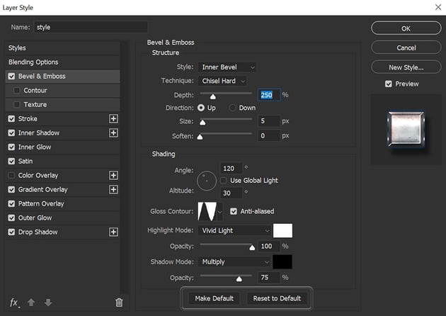 example of make default and reset to default options