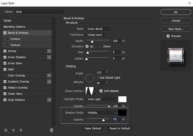 example of shadow mode and opacity settings