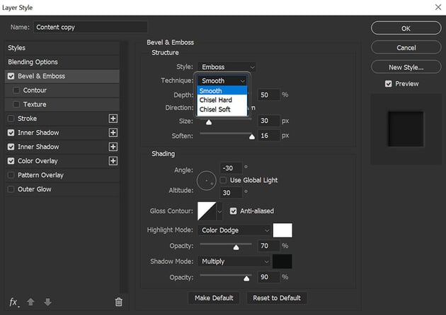 example of technique settings