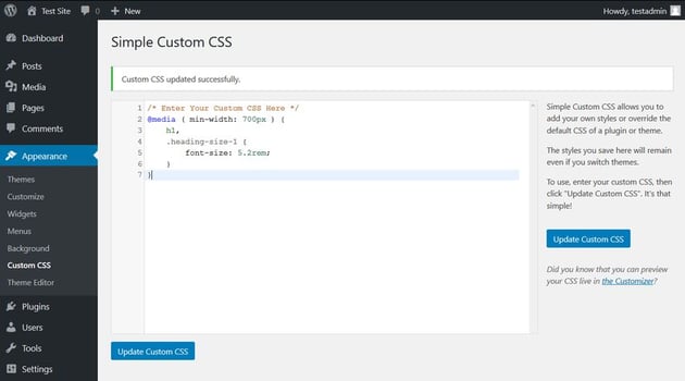 Add custom CSS with the Simple Custom CSS plugin
