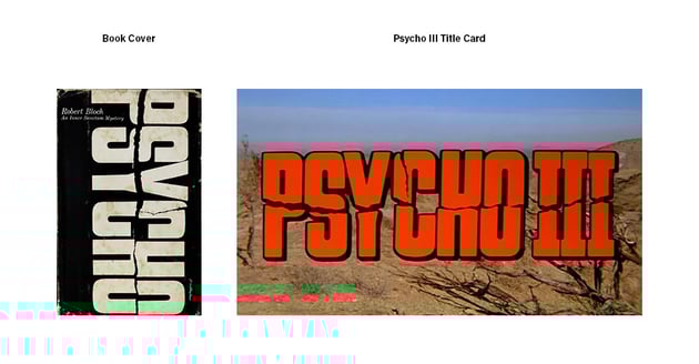 Psycho book cover by Tony Palladino (left) and Psycho title card, 1986 (right).