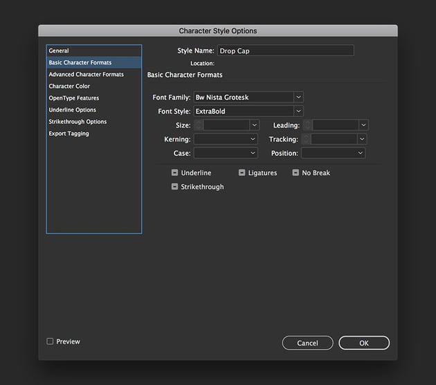 create a new character style