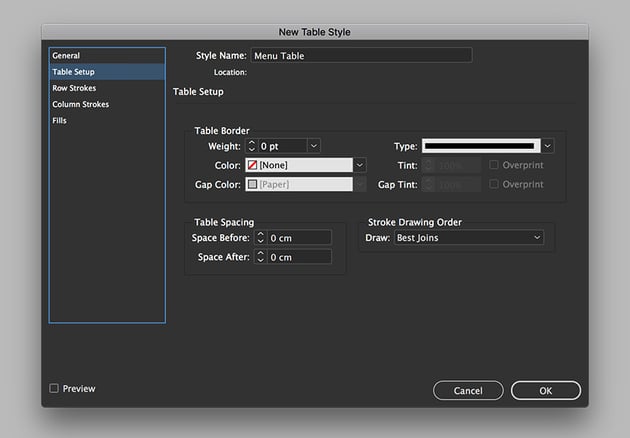 set the table setup option