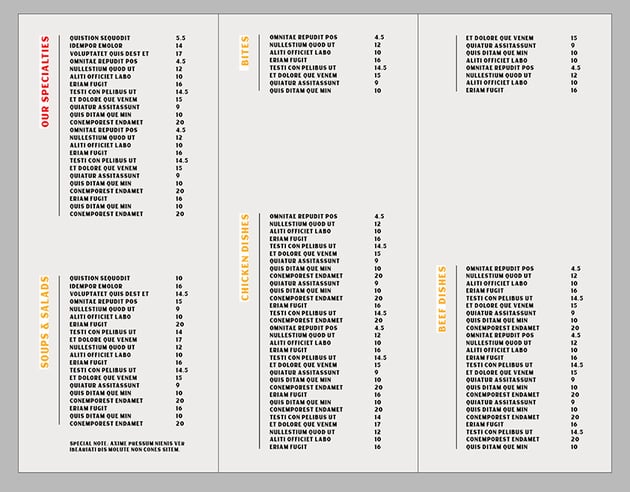 duplicate the table and section title multiple times throughout the brochure