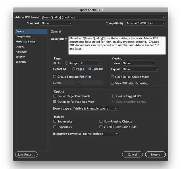 select press quality as PDF preset and Export As Spreads