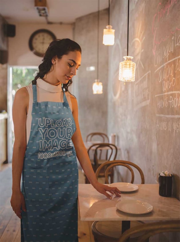 Apron Mockup of a Woman in a Restaurant Setting