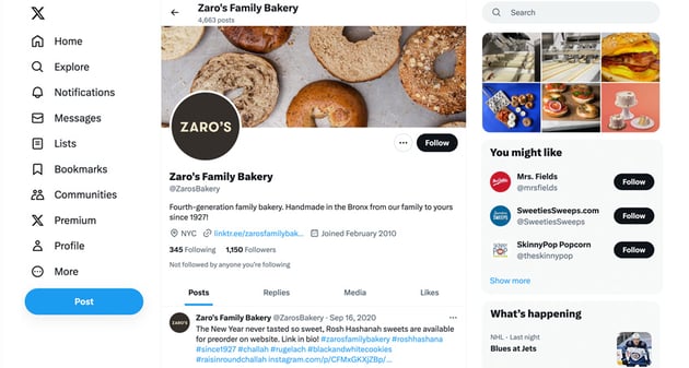 Zaros Bakery Twitter bio with elevator pitch