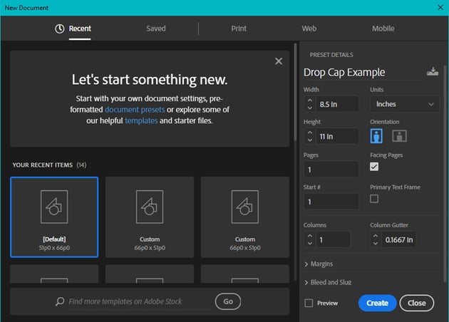 InDesign new document