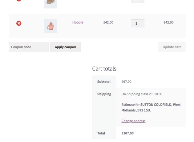 cart with a hoodie and belt and shipping cost of 10