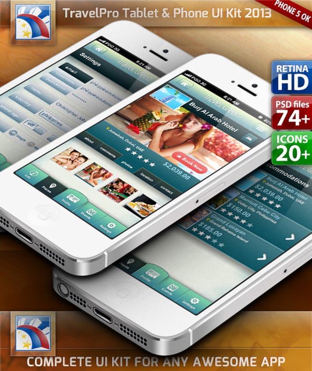 Travel UI Kit for PhoneTablet Retina HD 75 PSDs