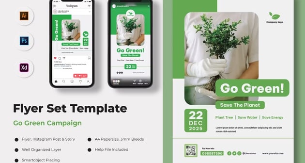 Go Green Campaign Modern Flyer & Instagram Set