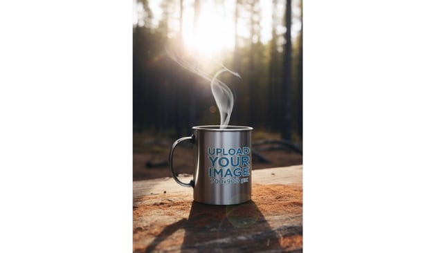 Outdoor Mockup Featuring an AI-Created Aluminum Mug Placed on a Wooden Surface