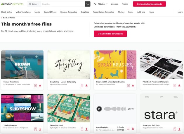 Get 12 free unique monthly free files from Envato Elements