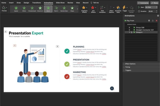 In this screenshot, you can see that I've selected a text box, in this PowerPoint template and chosen the Fly In effect to add to the text box.