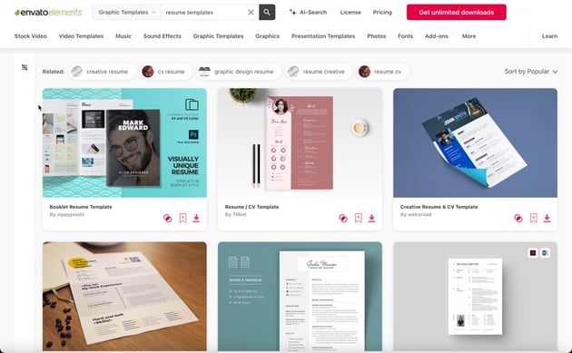 Professional resume templates, available for sale on Envato Elements.