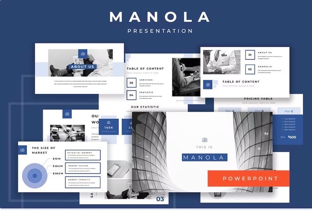 The premium template used in this tutorial is the Manola Pitch Deck Powerpoint Presentation from Envato Elements.