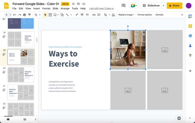 Images may be easily resized using the anchors alongside the photo.
