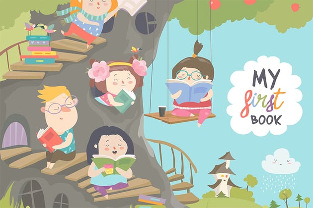 Happy Children Reading Books (AI, EPS, JPG, PNG)