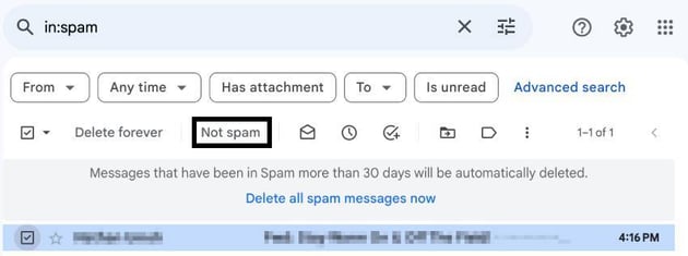 Click the not spam button to move a message out of the Spam folder
